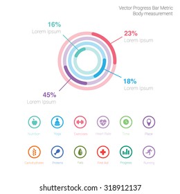 Different color measuring stuff elements vector collection and icons set with progress bar sports nutrition applications on white background