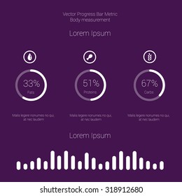 Different color measuring stuff elements vector collection with progress bar sports nutrition applications on violet background