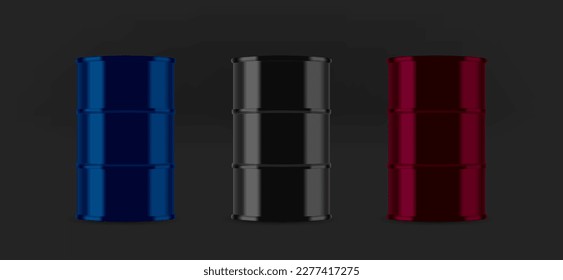 Different color metal barrels icons collection. 3d vector isolated on black background