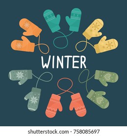 Different color mittens with hand drawn lettering Winter on dark blue background. Vector illustration.