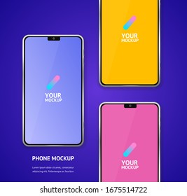 Different Color Mobile Phones Mockups with Camera Front View Display Template Concept Banner Card for Advertising. Vector illustration of Smartphone