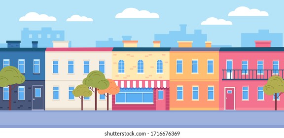 Different color old building on the city street vector illustration