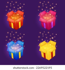 Unterschiedliche Farbe offen Geschenkbox. Symbol für die Spieloberfläche eingestellt. Holen Sie sich Belohnungskästen.