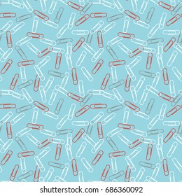 Different Color Paper Clips Seamless Vector Pattern Tile. Back to School Texture. Red, White and Metal Gray Paperclips Randomly Arranged on Blue Background. Swatch is Included.