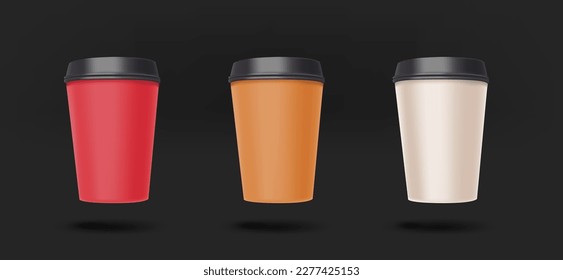 Different color paper coffee cups collection. 3d vector isolated on black background