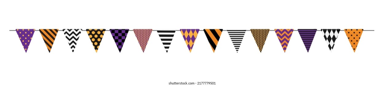 Different color and pattern Halloween decoration flags seamless garland isolated on a white background