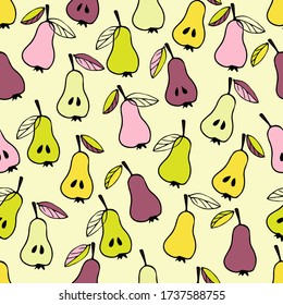 Diferente color Pear Seamless patrón. Vector Hand dibujó creatividad. Fondo amarillo. Para tarjeta, menú café, fondo de pantalla, álbum de verano, invitación, scrapbooking, envoltura, textil, camiseta