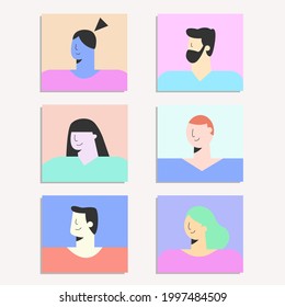  Unterschiedliche Farbe Menschen Avatare Vektorvorlage. Flaches Gesichtsbild. Die Menschen sehen sich einer flachen Benutzeroberfläche UX gegenüber. Person Avatar Gesichtssymbole. Zeichensatz.