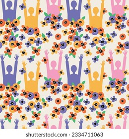 Different color people and hands with flowers seamless pattern background. Vector backdrop illustration multinational joyful hands, different cultures, peoples, friendship, party, peace, festive fond