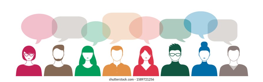 Diferentes personas de color y burbujas de discurso aisladas sobre fondo blanco Ilustración vectorial Horizontal
