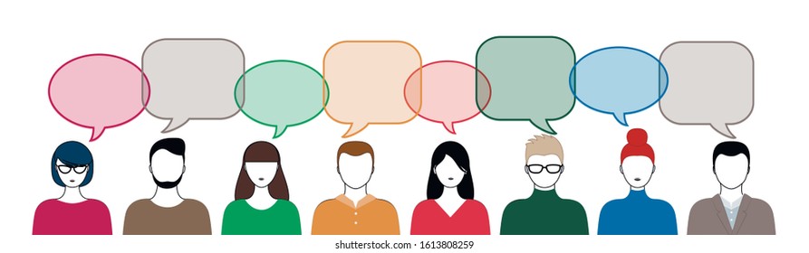 different color people and speech bubbles isoated on white background horizontal vector illustration