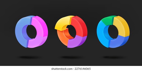 Different color pie charts collection. 3d vector isolated on black background