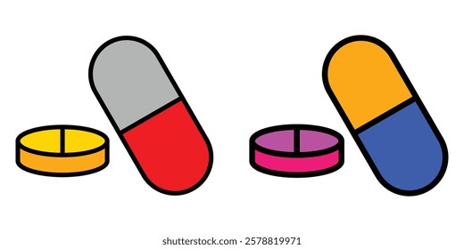 Different color of pills icon set on white background. Medicine pill icon. Vector illustration. EPS 10