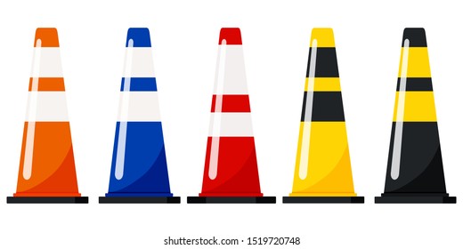 Different color plastic traffic cones set: orange, blue, red, yellow, black color with reflective stripes stickers vector flat design illustration isolated on white background.