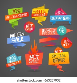 Different color polygonal origami shopping banners set. Vector collection