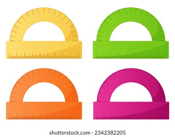 Different color protractor vector illustration isolated on white. School stationary element set.	