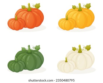 Different color pumpkins with leaves collection