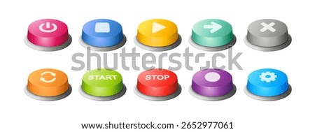 Different color push buttons set in perspective. Button with icon. Vector illustration