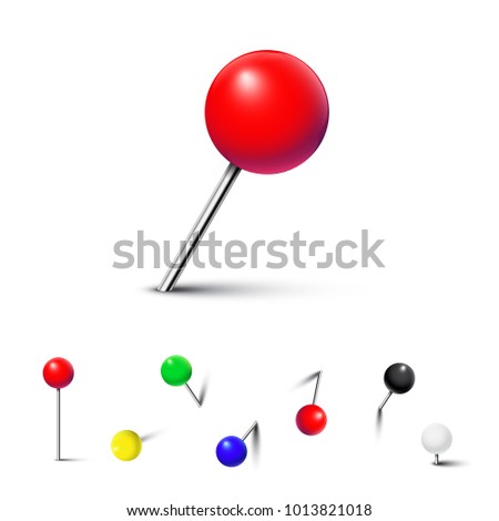 Different color pushpins isolated on white background. Vector realistic design element.
