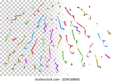 Different Color Serpentine Confetti At Party On Transparent Background. Yellow, Red, Green And Blue Burst Of Lines In Vector Illustration. Bright Wallpaper Design. Christmas Or Holiday Card Decoration