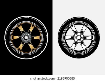 Different color set of car wheels, rubber tyre, car tyre, truck wheel illustration in race style. Racing wheels vector. Black and white isolated background. Eps 10. 