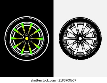 Different color set of car wheels, rubber tyre, car tyre, truck wheel illustration in race style. Racing wheels vector. Black and white isolated background. Eps 10. 