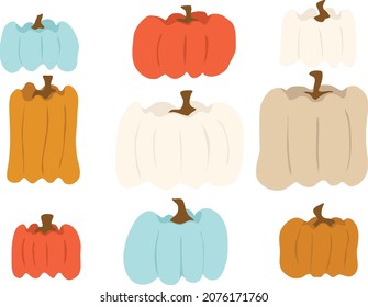 Different color and shapes of pumpkins for fall season. pumpking illustrations.