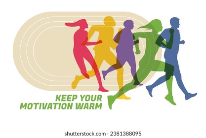 Different color shapes of runners and joggers. Advertisement of competitions, sports clubs, maraphone, healthy lifestyle. Vector flat illustration