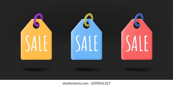 Different color shopping tags collection. 3d vector isolated on black background