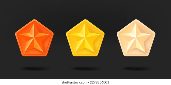 Different color star achievement icons collection. 3d vector isolated on black background