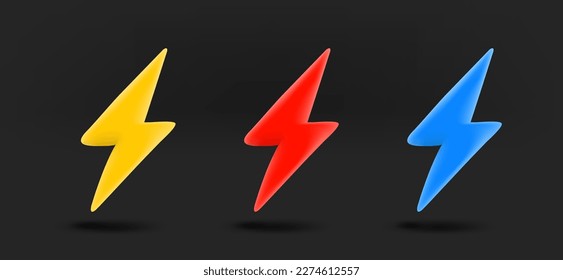 Different color thunderbolt icons collection. 3d vector isolated on black background