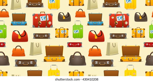 Different color travel bags vector collection. Seamless pattern