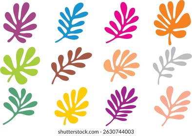 Different color tropical leaves on white. Botanical branches elements for design. Abstract floral print, trendy collage patterns. Floral botanic, fabric design templates. Editable vector EPS 10.