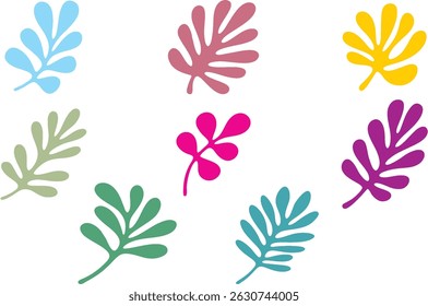 Different color tropical leaves on white. Botanical branches elements for design. Abstract floral print, trendy collage patterns. Floral botanic, fabric design templates. Editable vector EPS 10.