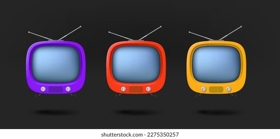 Different color tv icons collection. 3d vector isolated on black background