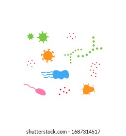 different color and type of bacteria and microbes. concept of human health research, checking for harmful microorganisms, info about bacteria on body or things. simple flat sign on white background