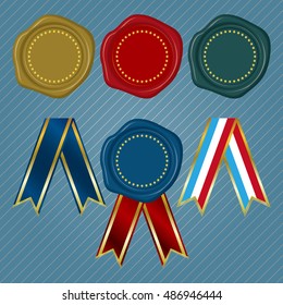 Different color Wax Seals with circular floral frame and different collection of ribbon 