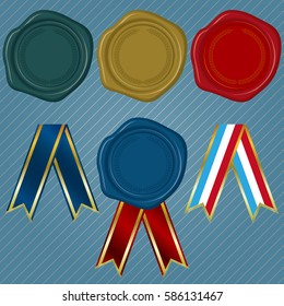 Different color Wax Seals with embossed circular floral frame and different collection of ribbon