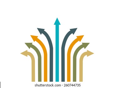 Different Colored Arrows Pointing Or Moving To Different Directions. Unity In Diversity Or Teamwork Business Abstract Concept.