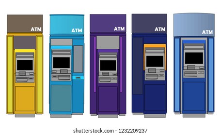 The different colored ATM set. Automative cash mashine. Financial business theme. Material design colors Red, Green, Blue,Vector  illustration