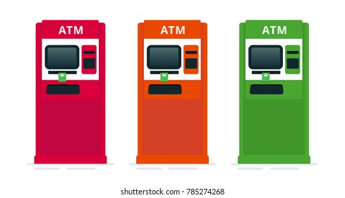 The different colored ATMs set. Vector illustration. Automative cash mashine. Financial business theme. Material design colors. 