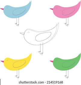 Different Colored Cartoon Birds and Sketched Cartoon Bird