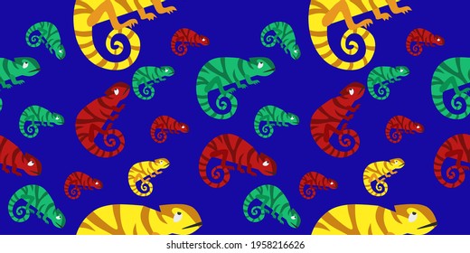different colored chameleon vector on dark blue base. background. seamless pattern. suitable for wall decoration, t-shirt screen printing, book cover, gift cover etc. eps file