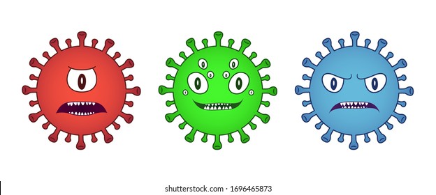 Different colored Corona Virus with eyes and faces. Set and pack of Microbiology And Virology Concept icon maskot. Dangerous pandemic smiley and emoticon. Corona-virus logo, symbol for Quarantine