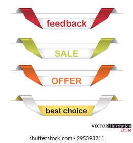Different colored curled strips with text feedback, sale, offer and best choice. Vector illustration.