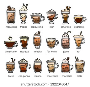 Different colored doodle types of coffee drinks with names isolated on white background.