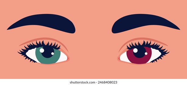 Different colored eyes close up. Heterochromia. Green blue and brown eye colors. Multicolored retina, retina of different colors