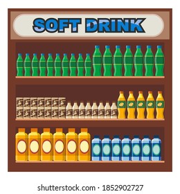 Different colored fresh drink bottles on display. Vector illustration of flat display of fresh drinks in a shop setting