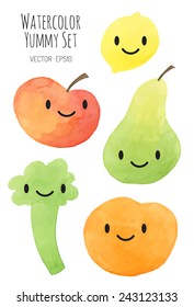 different colored fruits and vegetables with emotion face - vector watercolor