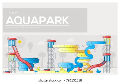 Different colored bright waterslides and garrets in aquapark. Layout modern vector background illustration design concept